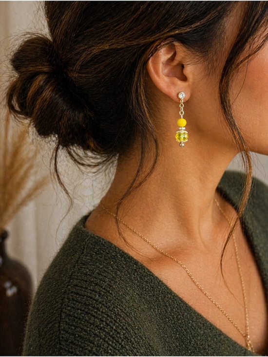 Handmade Jewelry - Silver Tone Yellow Crystal Beaded Dangle Earrings